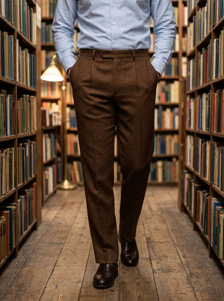 Conway basketweave pleated trousers in Brown, lifestyle in a secondhand bookshop, Gentlemens Manor