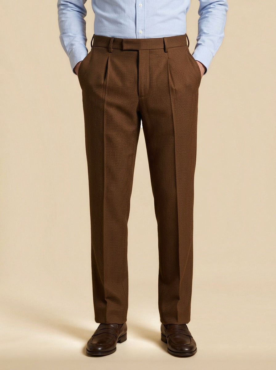 Conway basketweave pleated trousers in Brown, studio, Gentlemens Manor