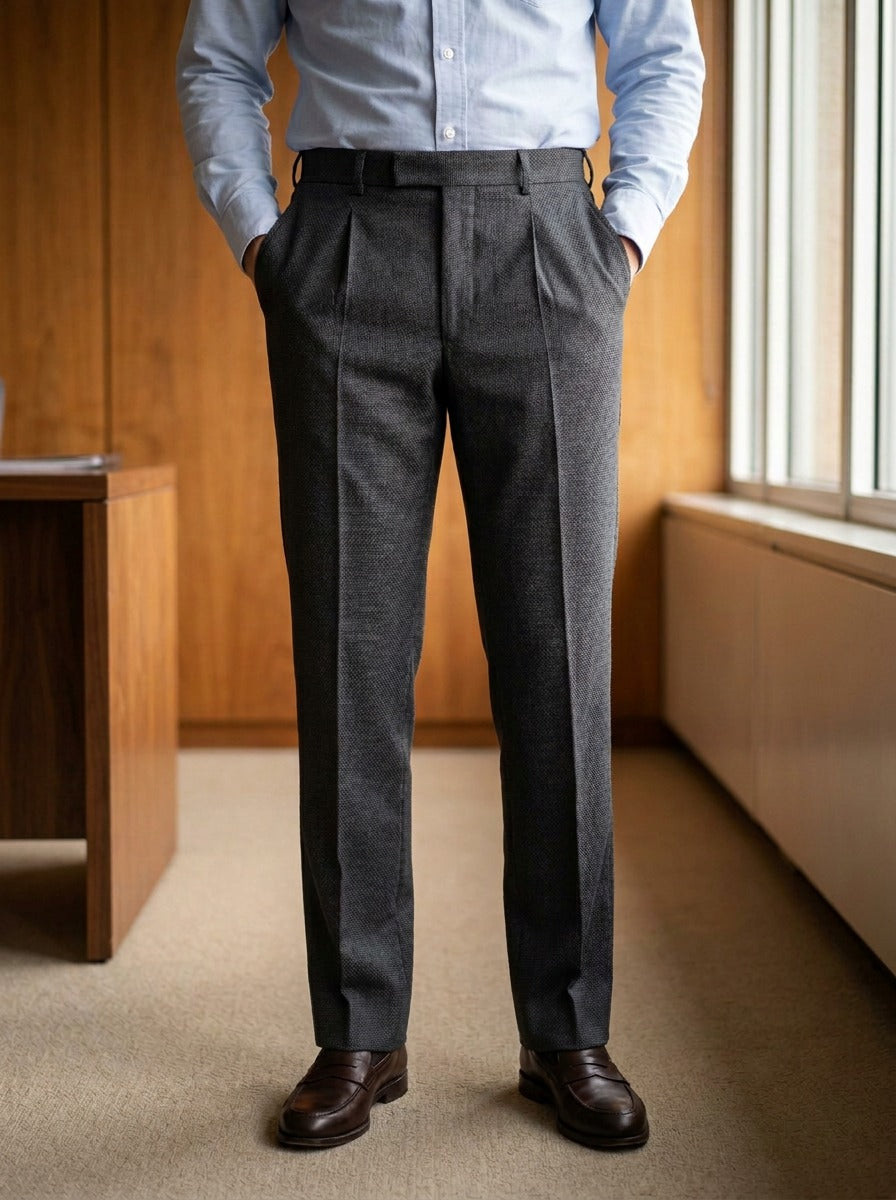 Conway basketweave pleated trousers in Charcoal, lifestyle in a timber paneled office, Gentlemens Manor