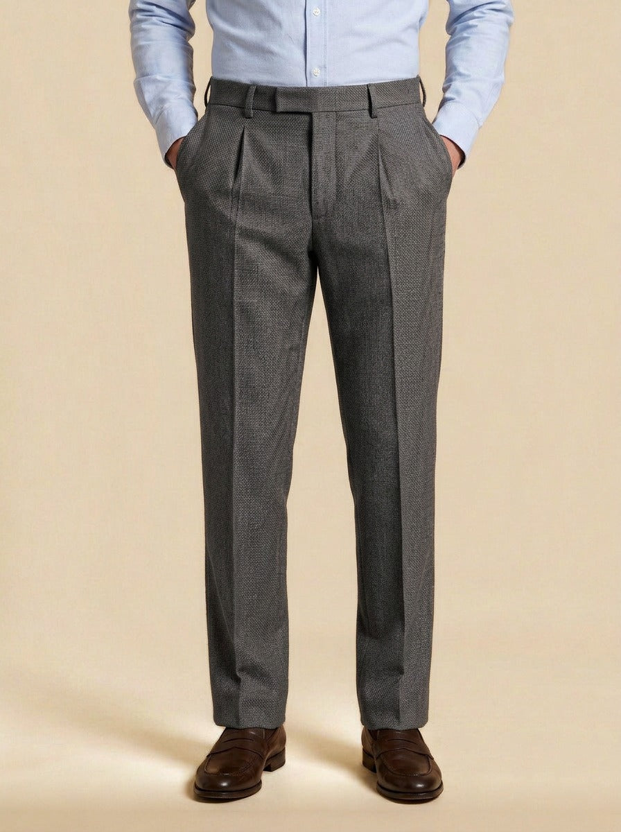 Conway basketweave pleated trousers in Charcoal, studio, Gentlemens Manor