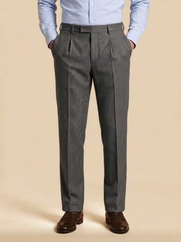 Conway basketweave pleated trousers in Charcoal, studio, Gentlemens Manor