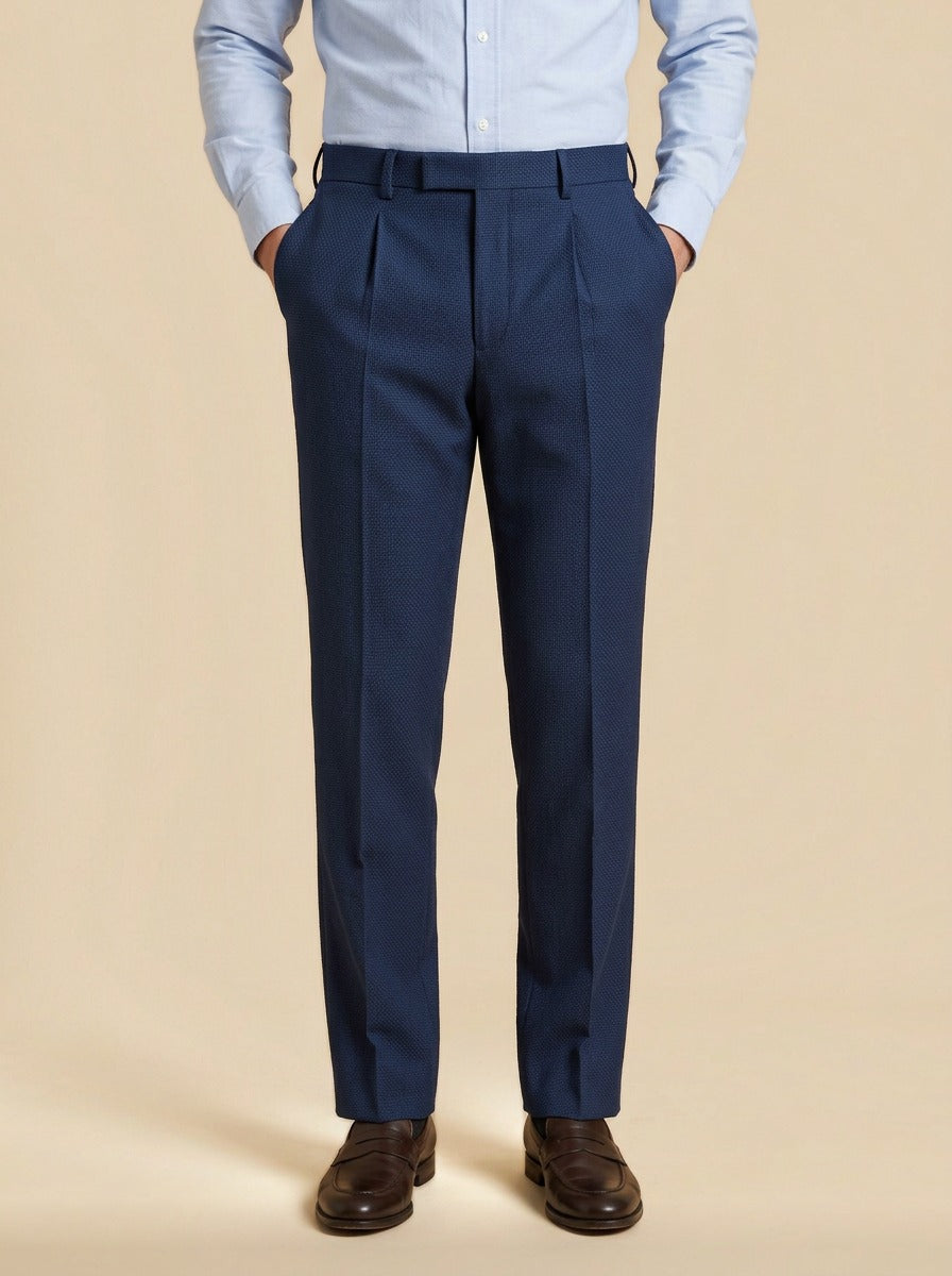 Conway basketweave pleated trousers in Navy, studio, Gentlemens Manor