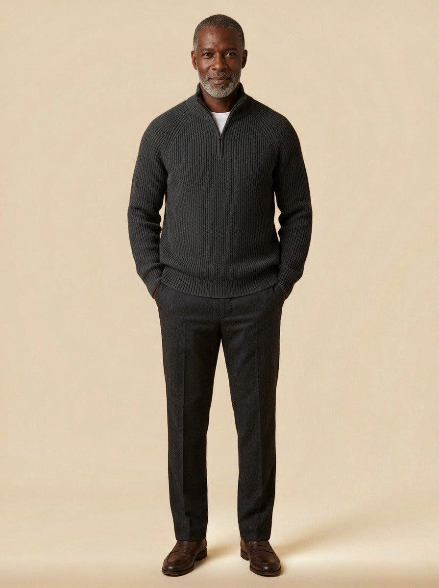 Coolidge rib knit half zip sweater in Black, studio, Gentlemens Manor
