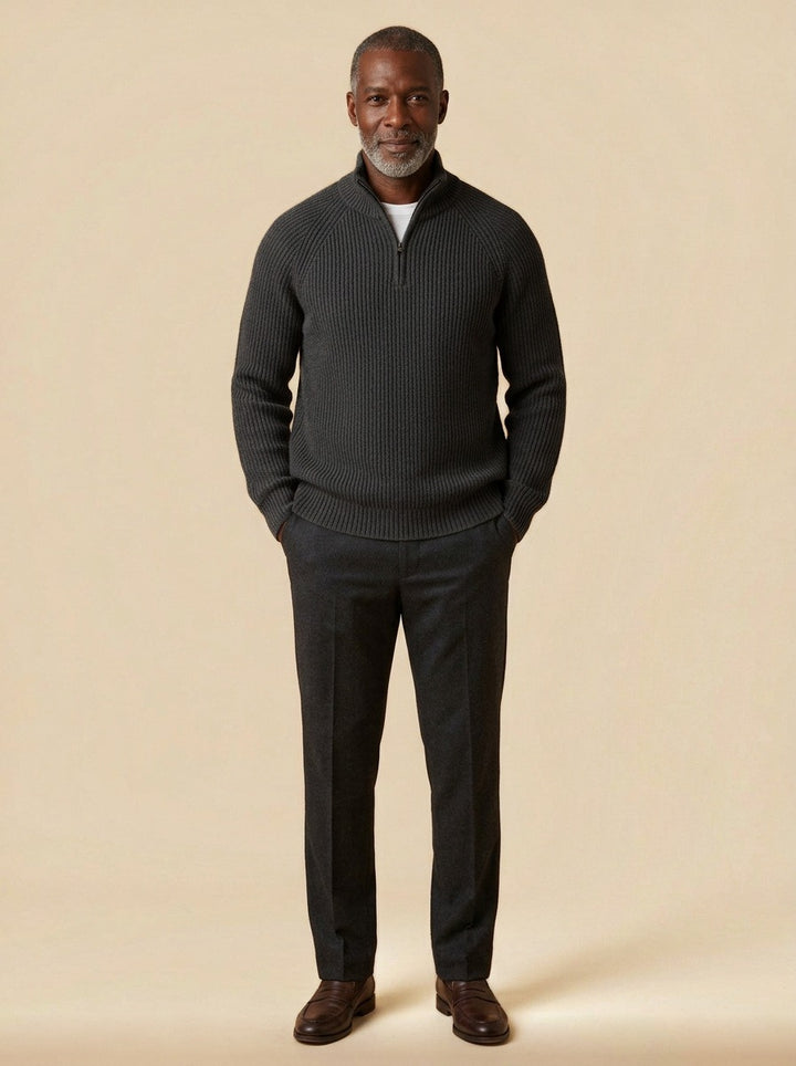 Coolidge rib knit half zip sweater in Black, studio, Gentlemens Manor