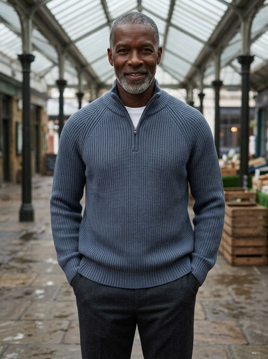 Coolidge rib knit half zip sweater in Blue, lifestyle, Gentlemens Manor