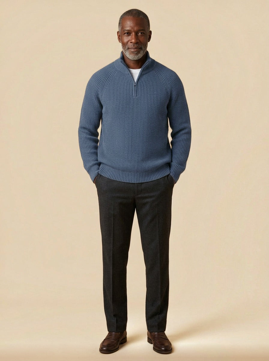 Coolidge rib knit half zip sweater in Blue, studio, Gentlemens Manor