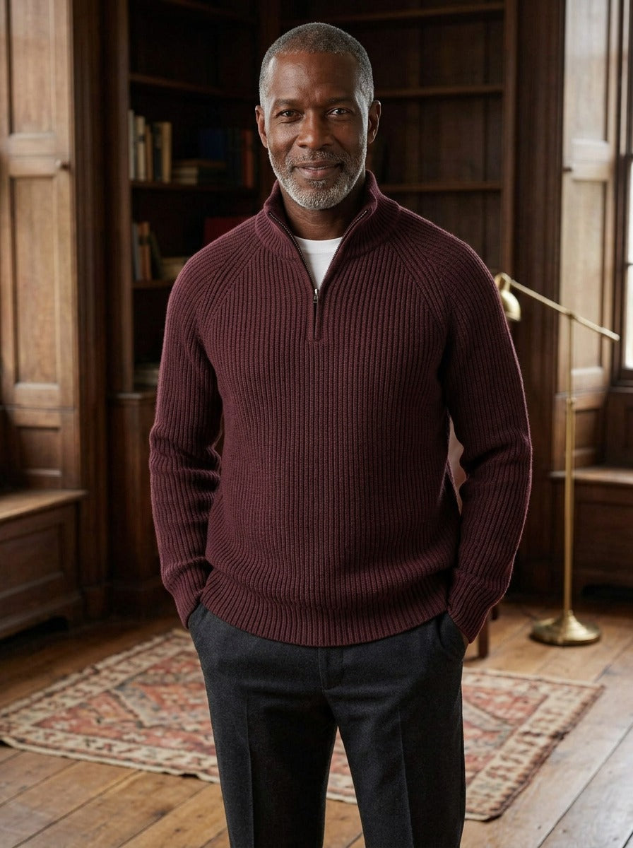 Coolidge rib knit half zip sweater in Burgundy, lifestyle, Gentlemens Manor