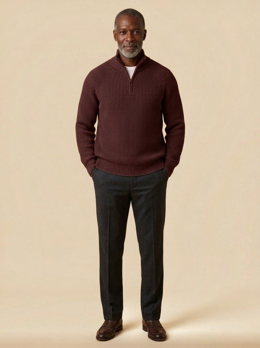 Coolidge rib knit half zip sweater in Burgundy, studio, Gentlemens Manor