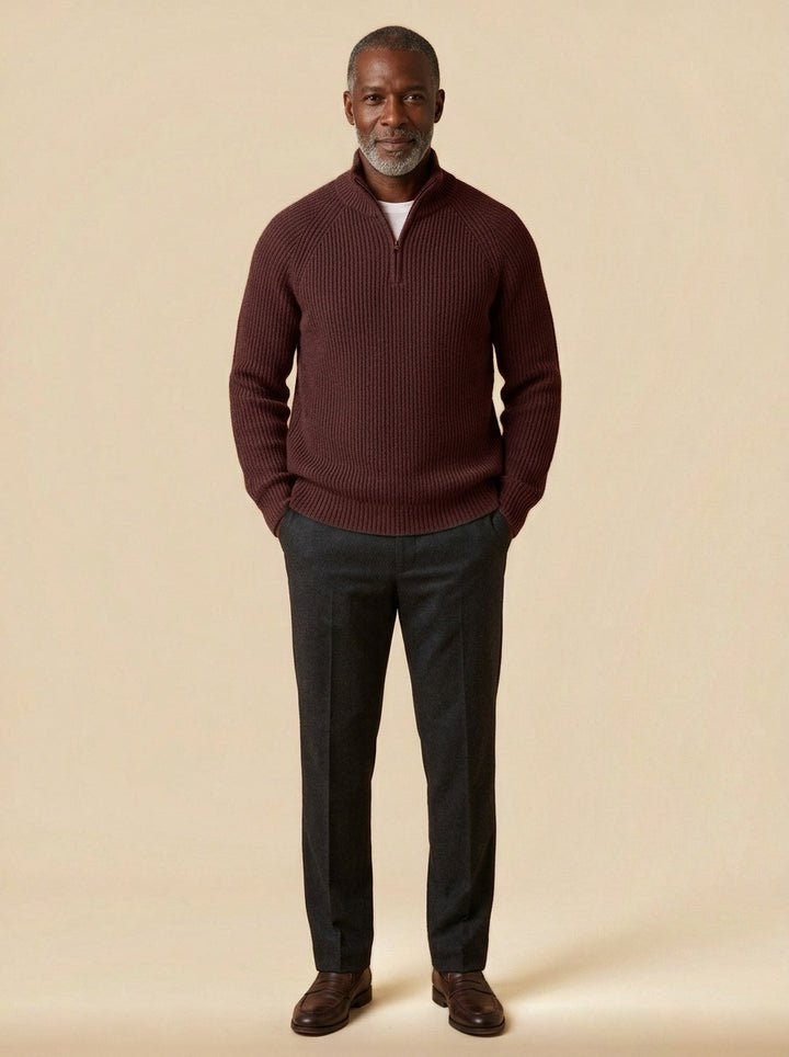 Coolidge rib knit half zip sweater in Burgundy, studio, Gentlemens Manor