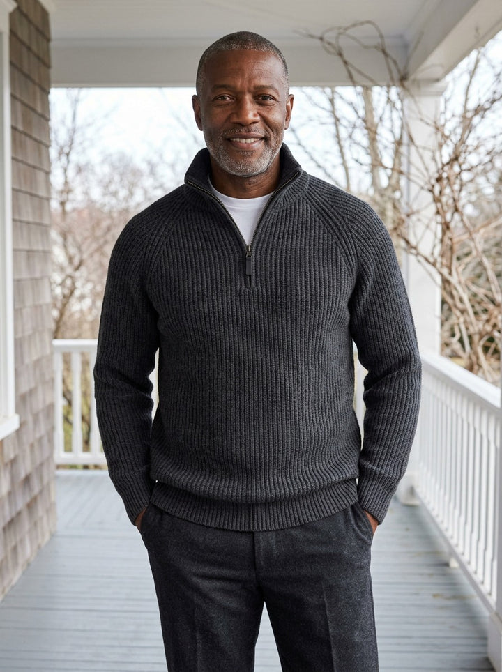 Coolidge rib knit half zip sweater in Charcoal, lifestyle, Gentlemens Manor