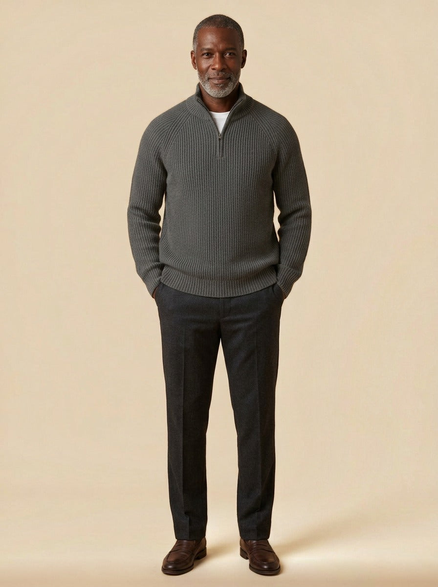 Coolidge rib knit half zip sweater in Charcoal, studio, Gentlemens Manor