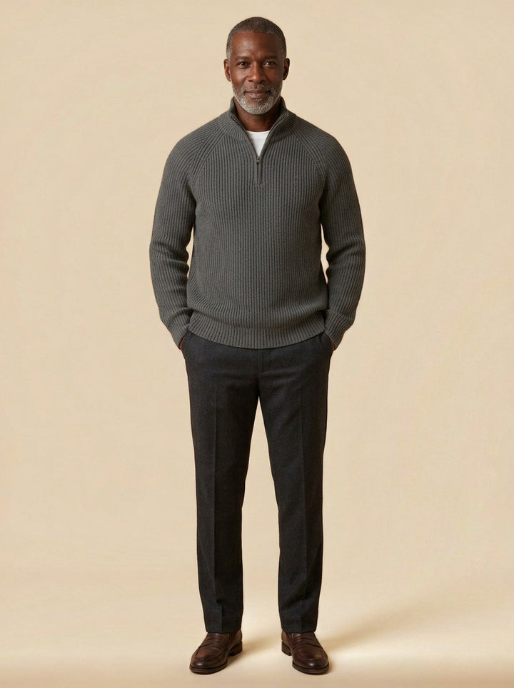 Coolidge rib knit half zip sweater in Charcoal, studio, Gentlemens Manor