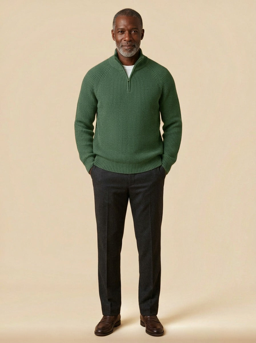 Coolidge rib knit half zip sweater in Green, studio, Gentlemens Manor