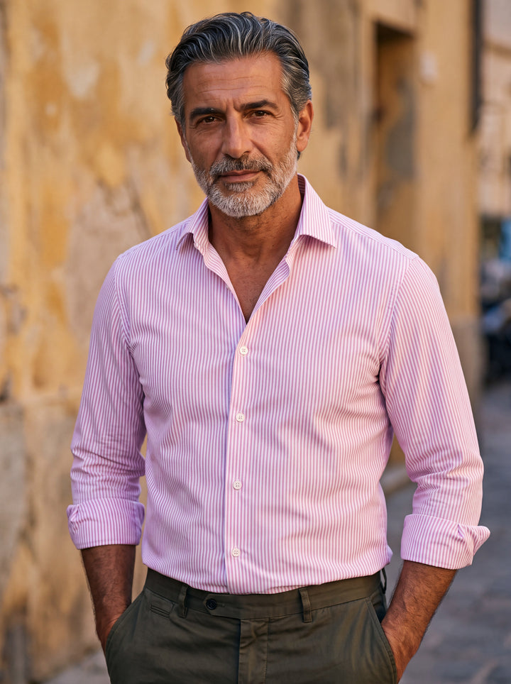 Cooper shirt in Pink, worn by a model in a Mediterranean setting - Gentlemens Manor lifestyle