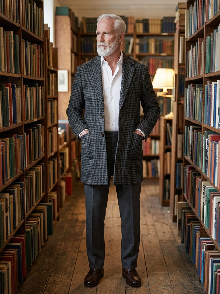 Copeland patch pocket wool coat in Black Check, lifestyle in a secondhand bookshop, Gentlemens Manor