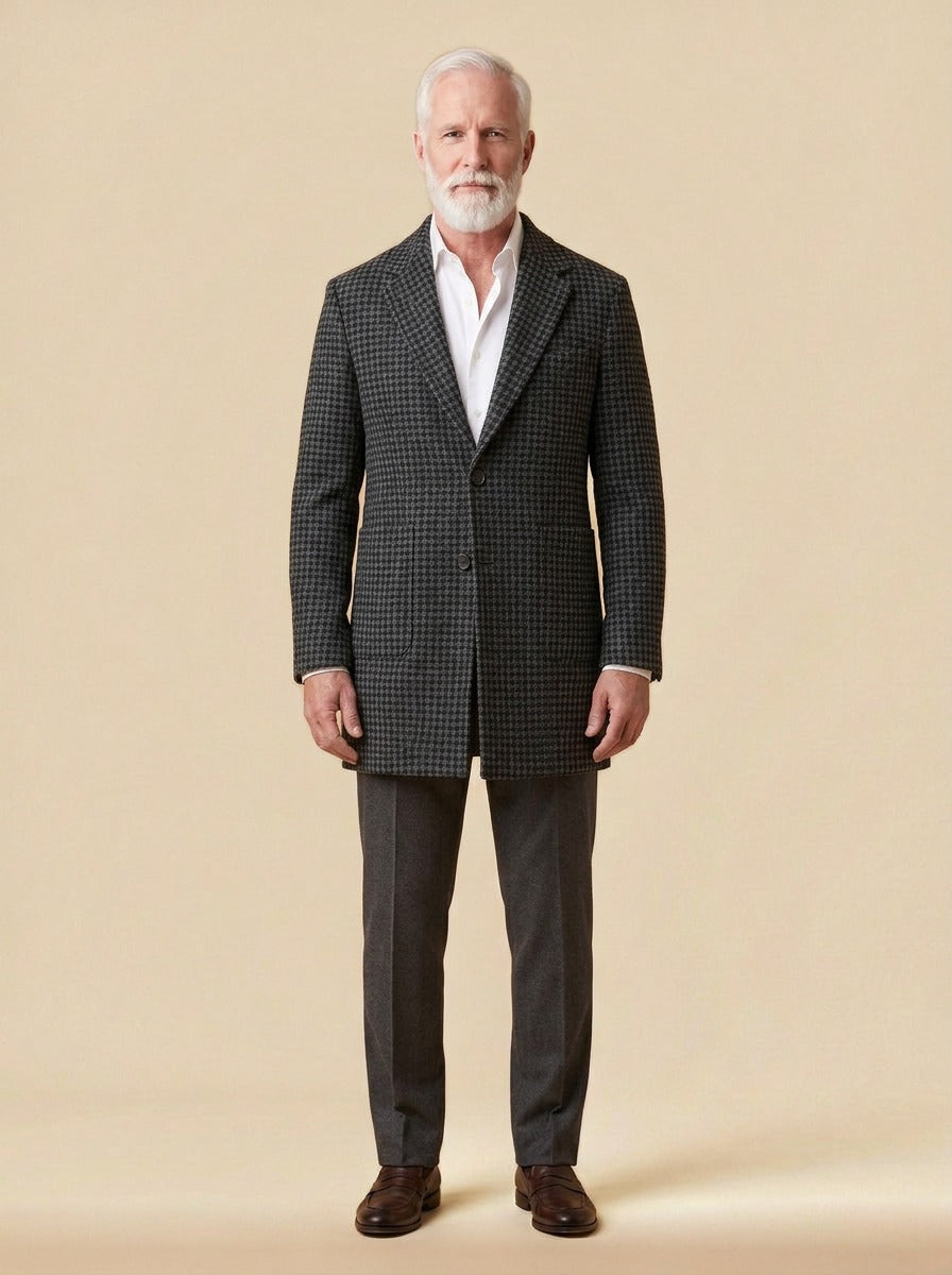 Copeland patch pocket wool coat in Black Check, studio, Gentlemens Manor