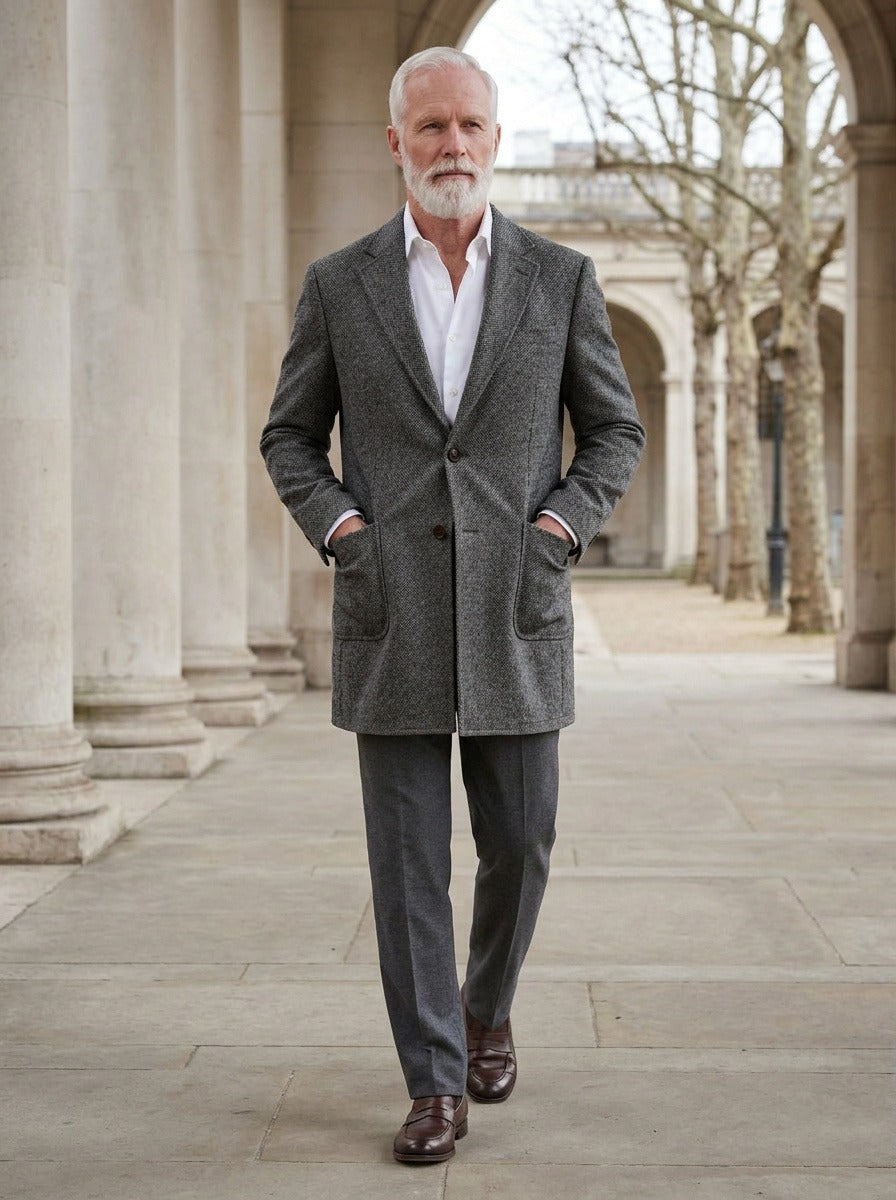 Copeland patch pocket wool coat in Grey, lifestyle in a stone colonnade, Gentlemens Manor