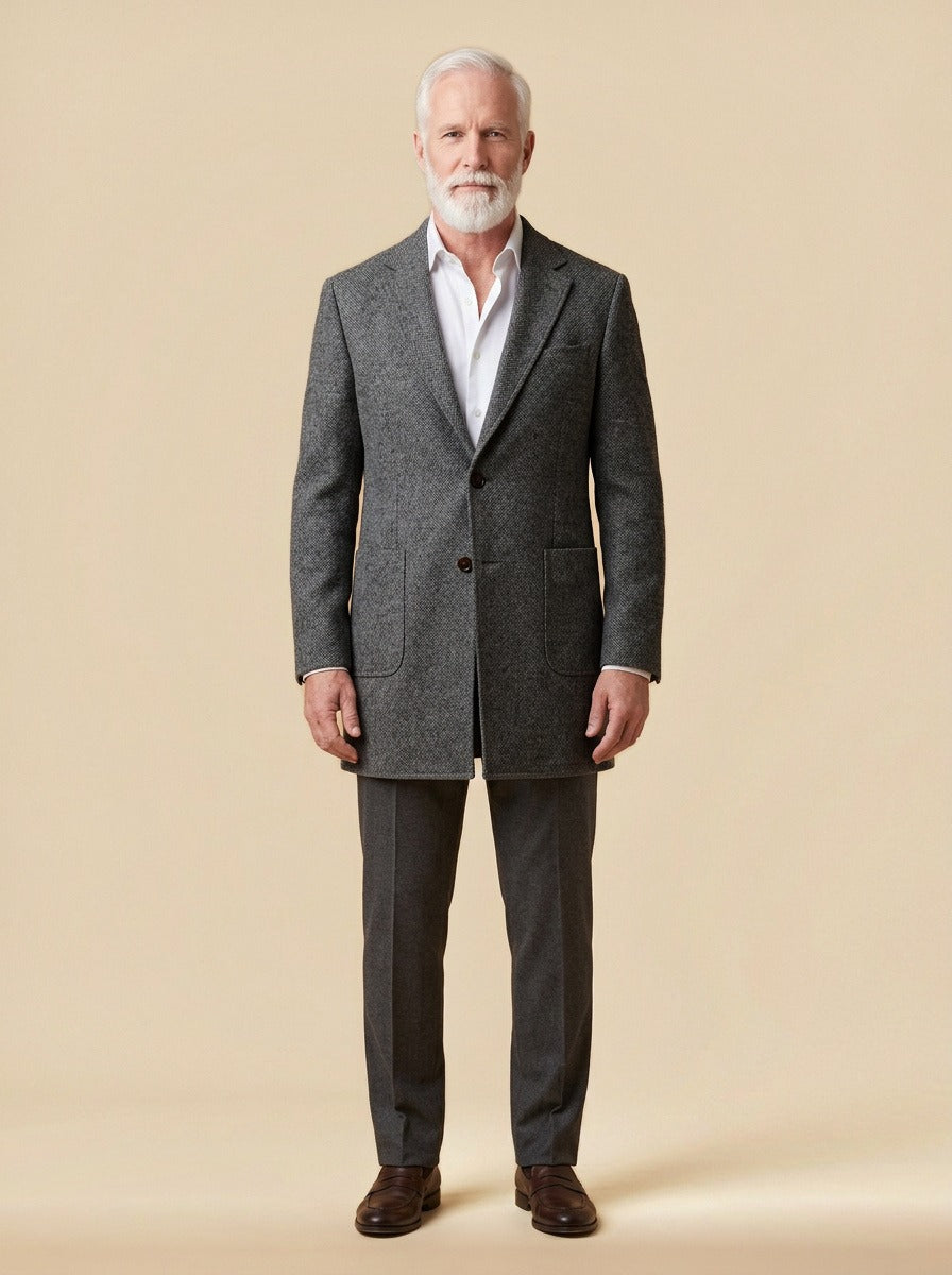 Copeland patch pocket wool coat in Grey, studio, Gentlemens Manor