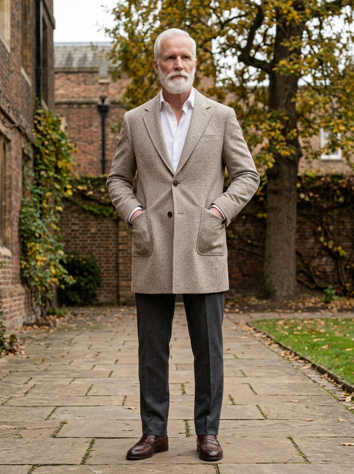 Copeland patch pocket wool coat in Oatmeal, lifestyle in a brick college courtyard, Gentlemens Manor