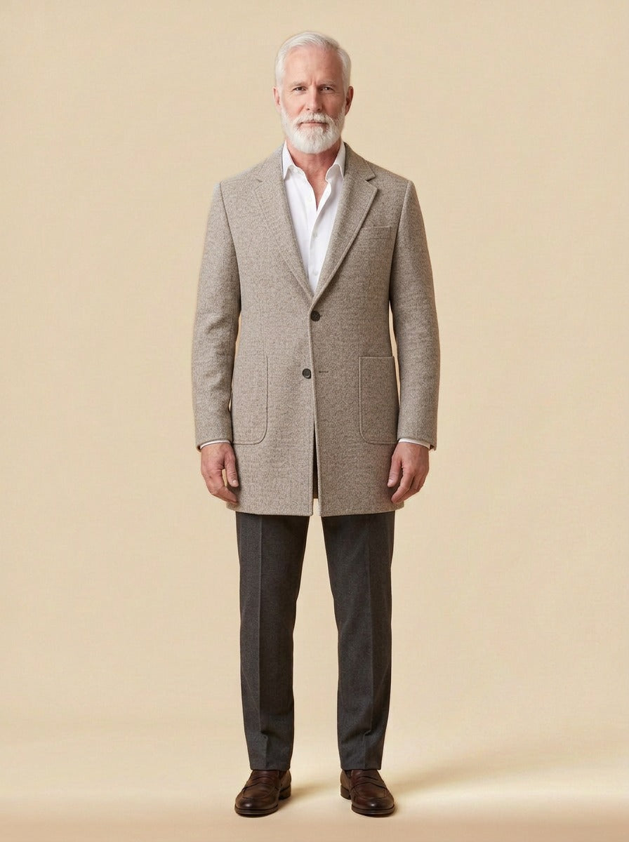 Copeland patch pocket wool coat in Oatmeal, studio, Gentlemens Manor