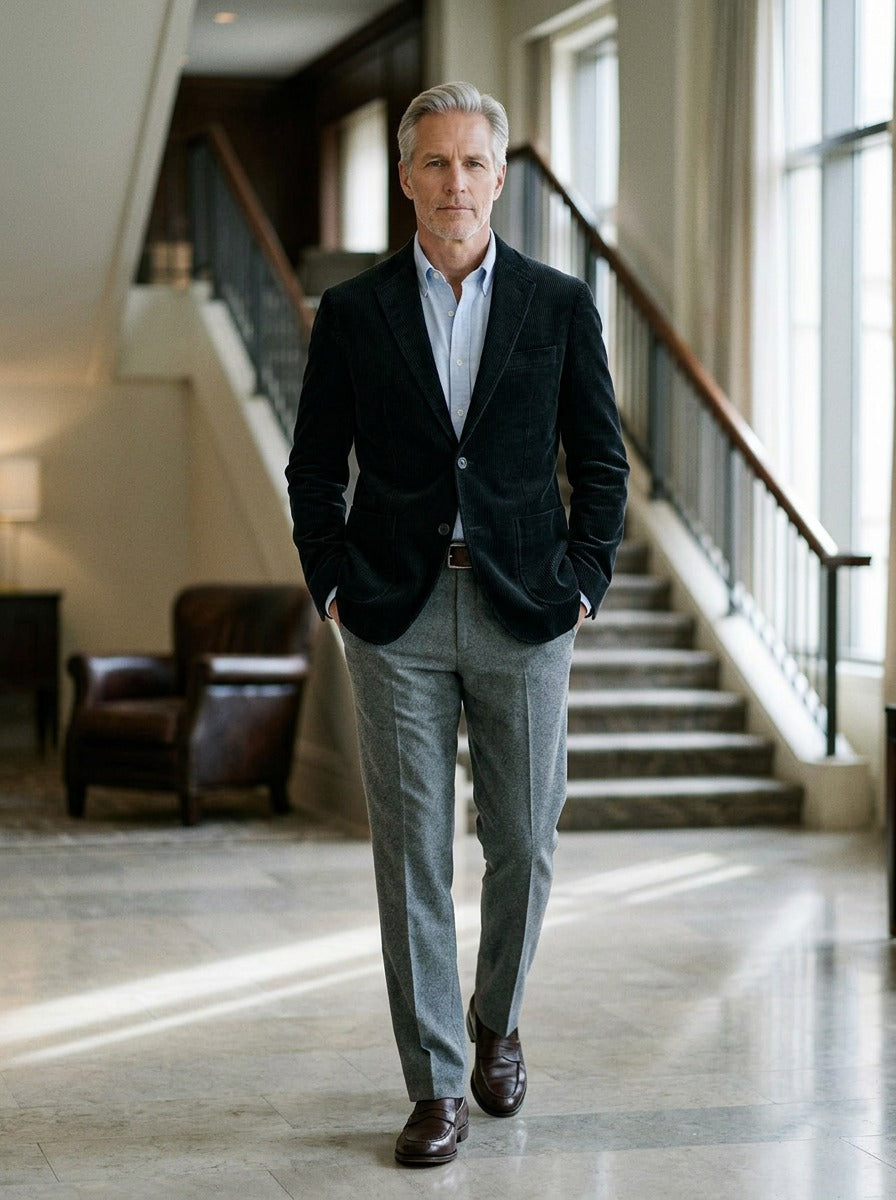 Copley corduroy blazer in Black, lifestyle in a hotel lobby, Gentlemens Manor