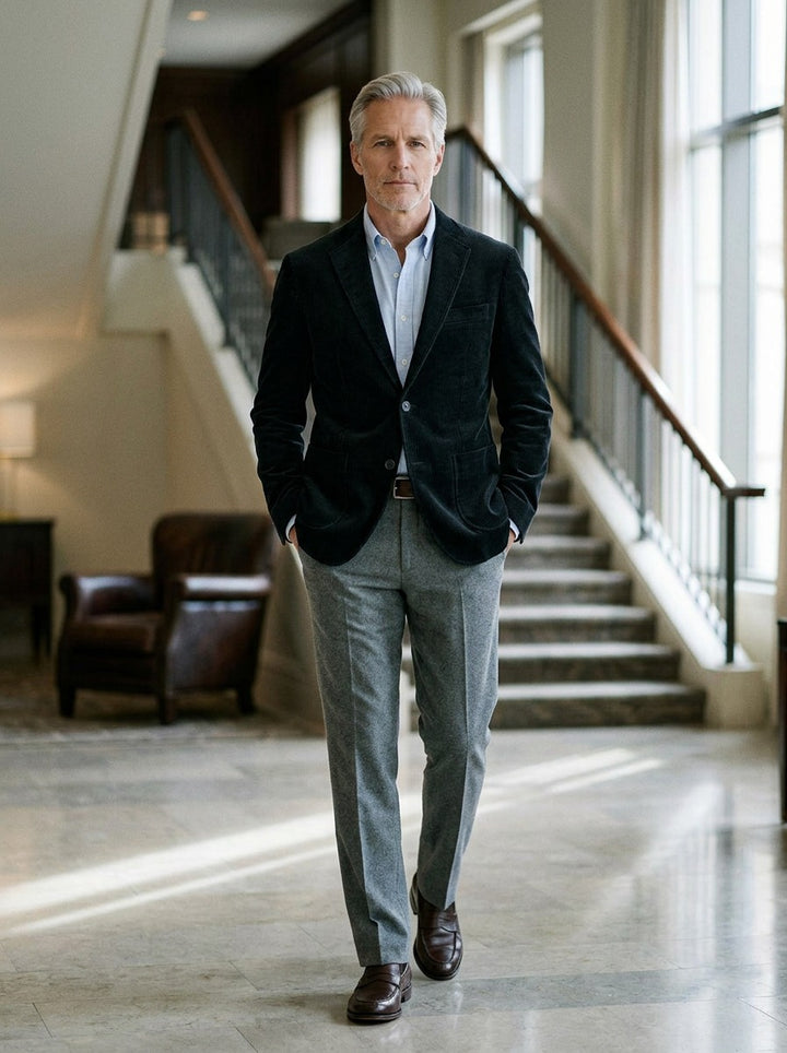 Copley corduroy blazer in Black, lifestyle in a hotel lobby, Gentlemens Manor
