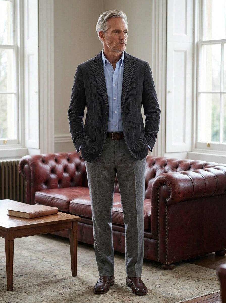Copley corduroy blazer in Charcoal, lifestyle in a club reading room, Gentlemens Manor