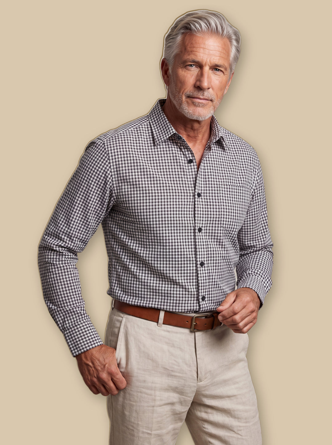 Cornelius casual shirt in Grey, worn by a model on a warm sand studio background - Gentlemens Manor