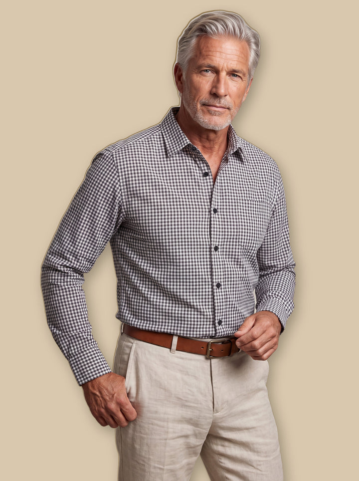Cornelius casual shirt in Grey, worn by a model on a warm sand studio background - Gentlemens Manor