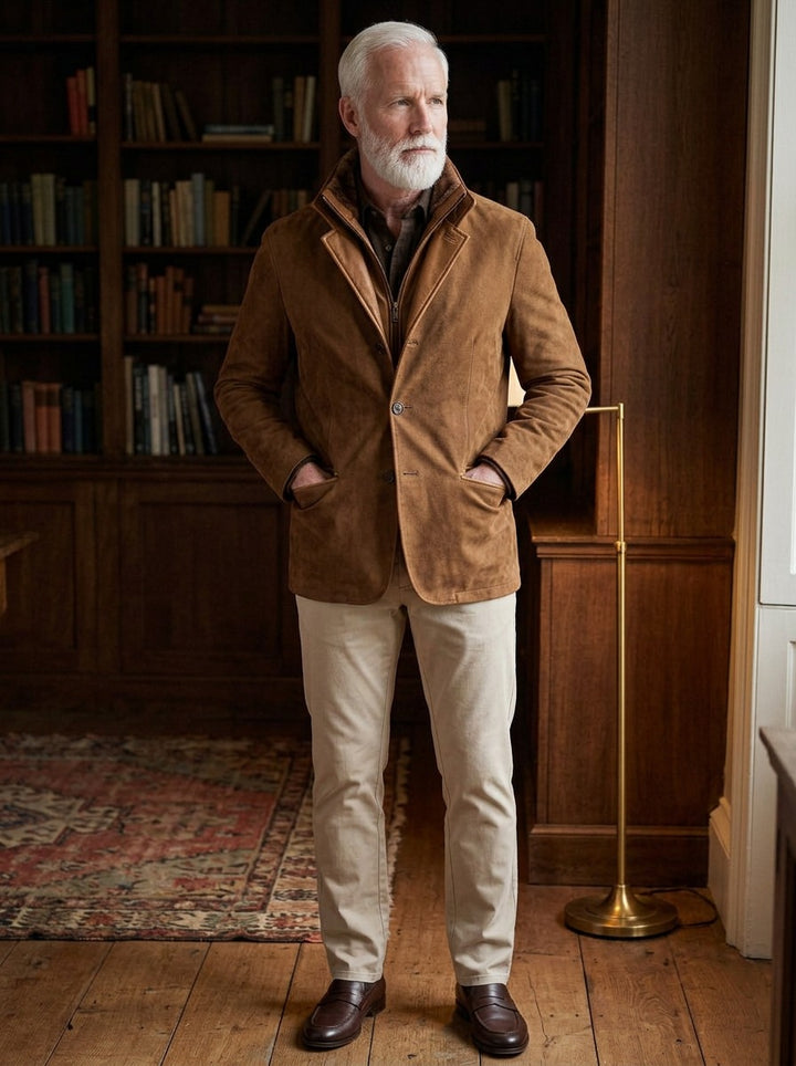 Cornell brushed zip bib jacket in Brown, lifestyle in a private study, Gentlemens Manor