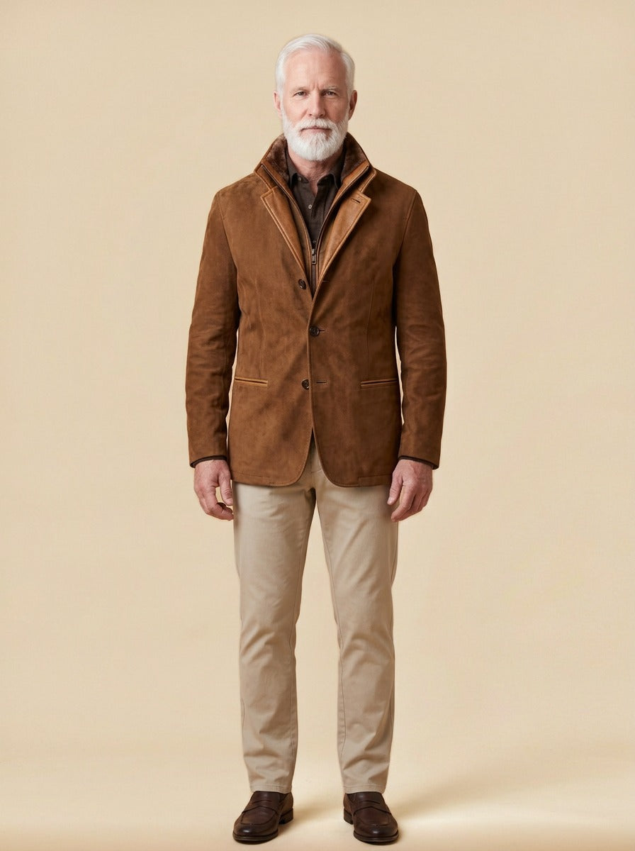 Cornell brushed zip bib jacket in Brown, studio, Gentlemens Manor