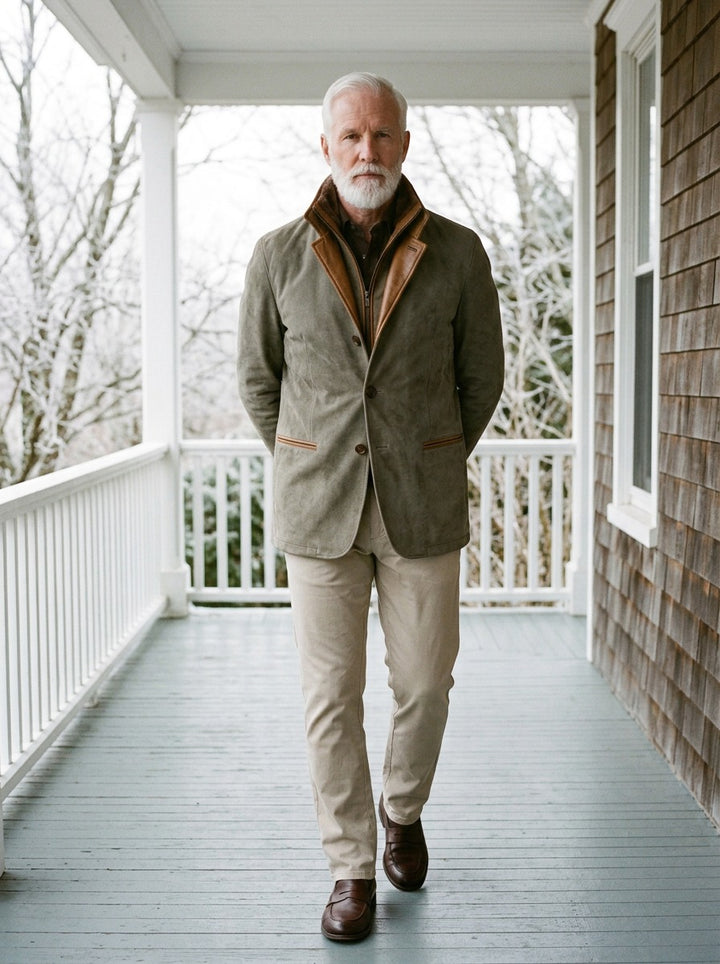 Cornell brushed zip bib jacket in Khaki, lifestyle on a covered porch, Gentlemens Manor