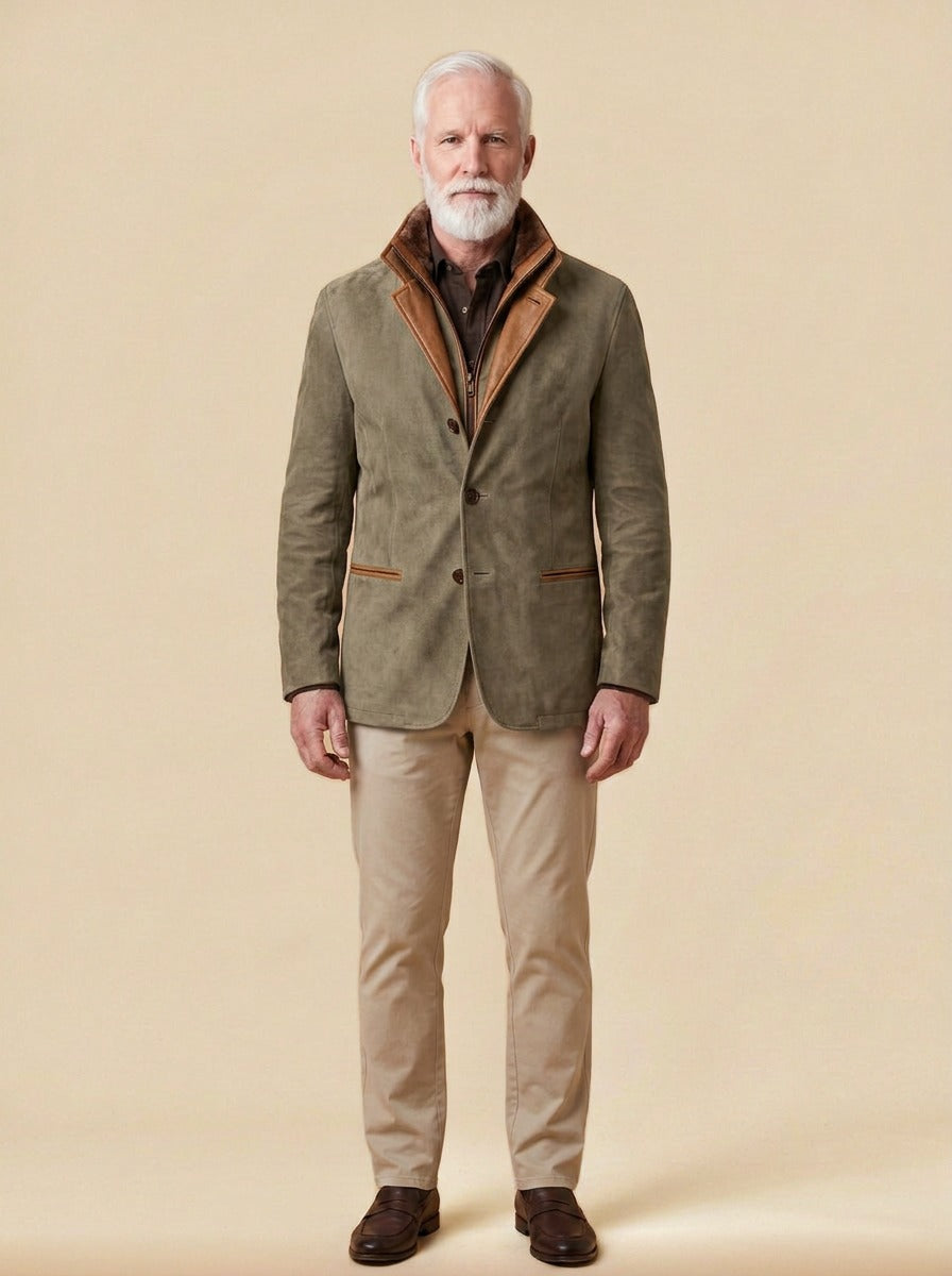 Cornell brushed zip bib jacket in Khaki, studio, Gentlemens Manor