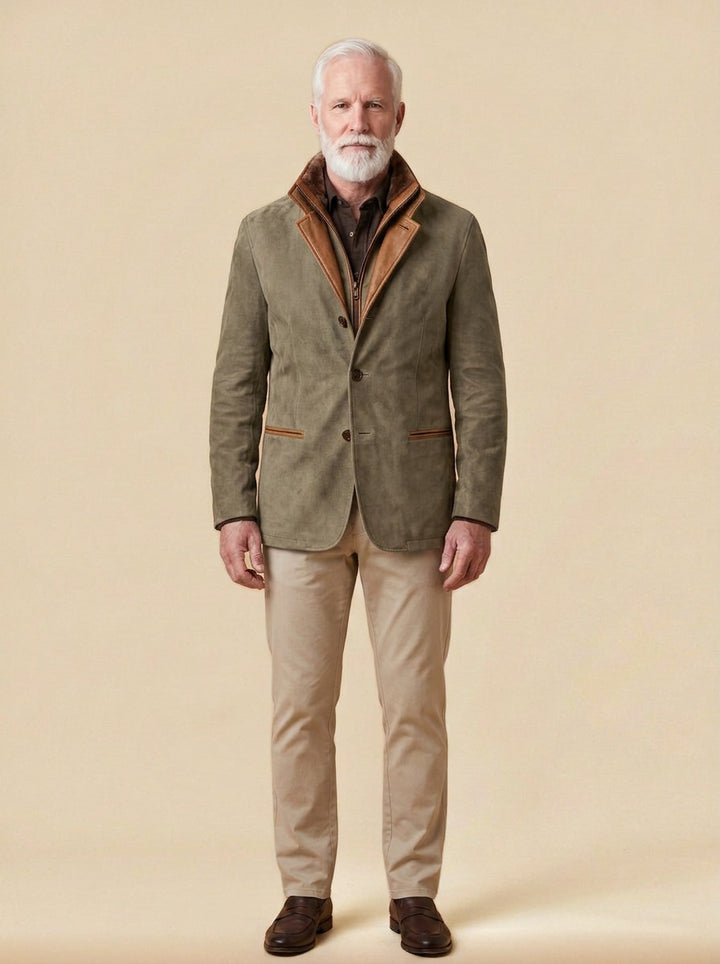 Cornell brushed zip bib jacket in Khaki, studio, Gentlemens Manor