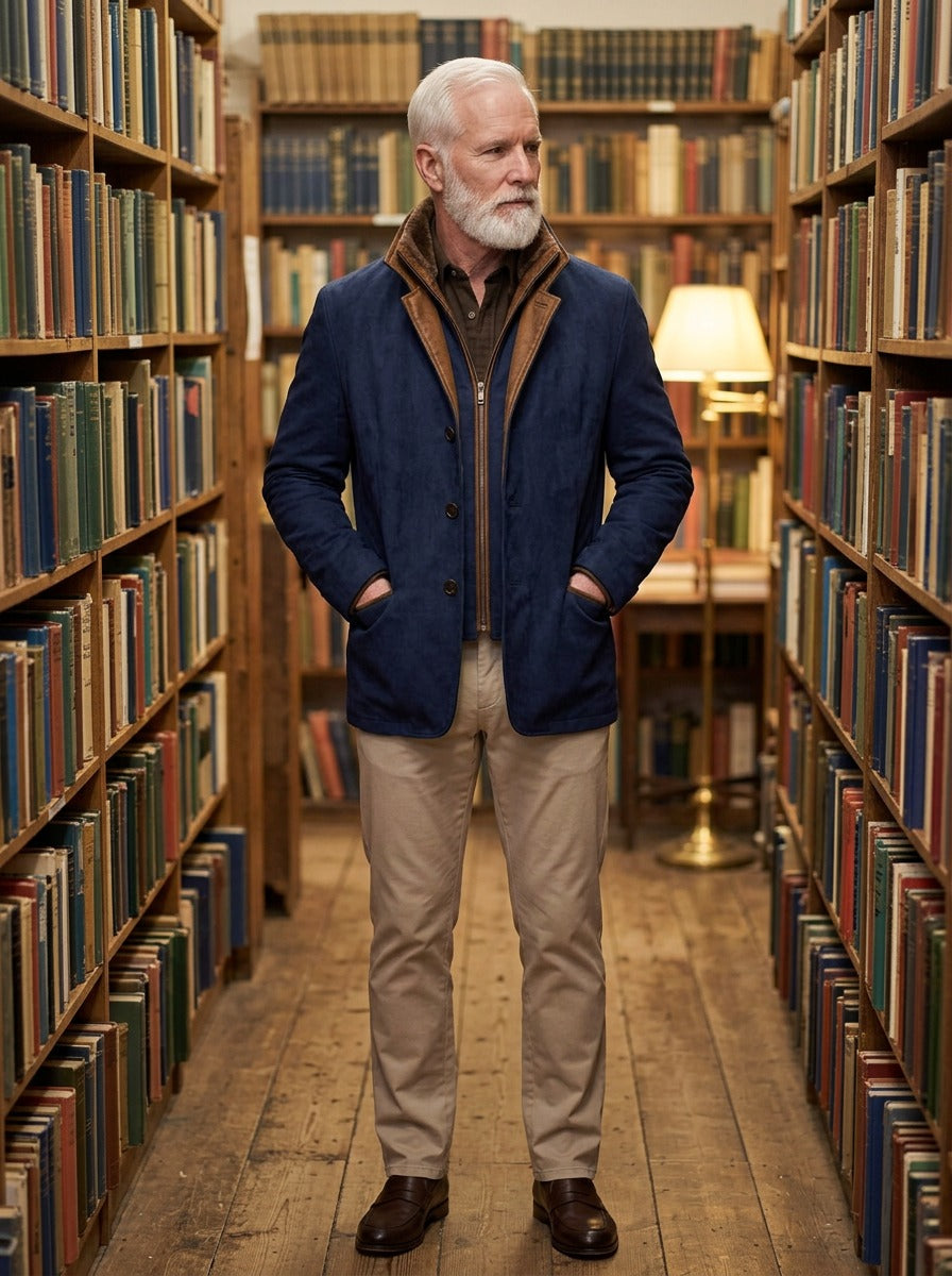 Cornell brushed zip bib jacket in Navy, lifestyle in a secondhand bookshop, Gentlemens Manor