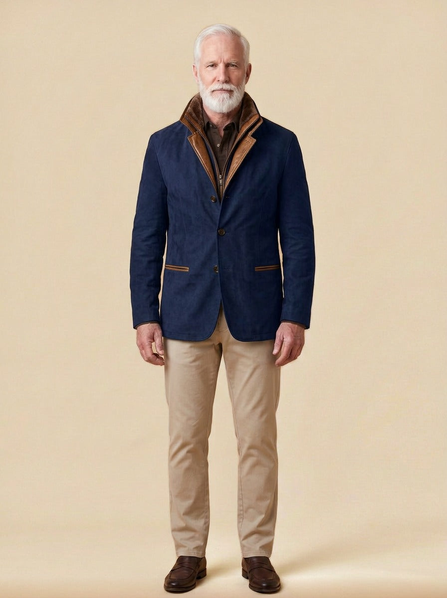 Cornell brushed zip bib jacket in Navy, studio, Gentlemens Manor