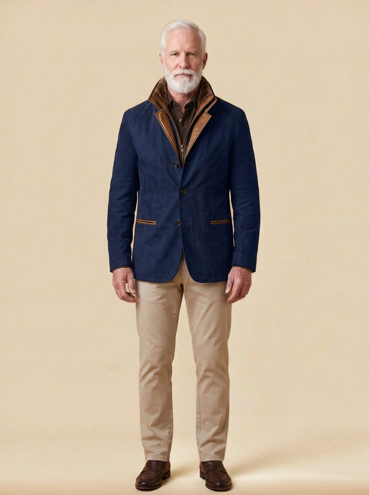 Cornell brushed zip bib jacket in Navy, studio, Gentlemens Manor