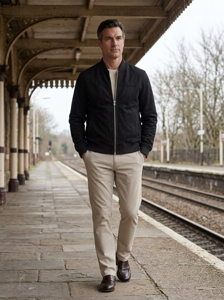 Corwin suede look bomber jacket in Black, lifestyle on a railway platform, Gentlemens Manor