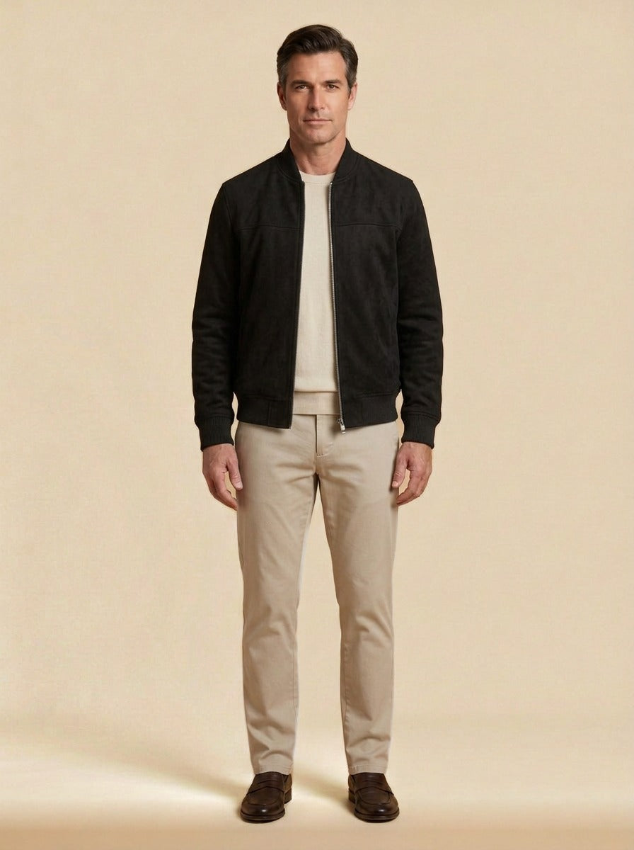 Corwin suede look bomber jacket in Black, studio, Gentlemens Manor