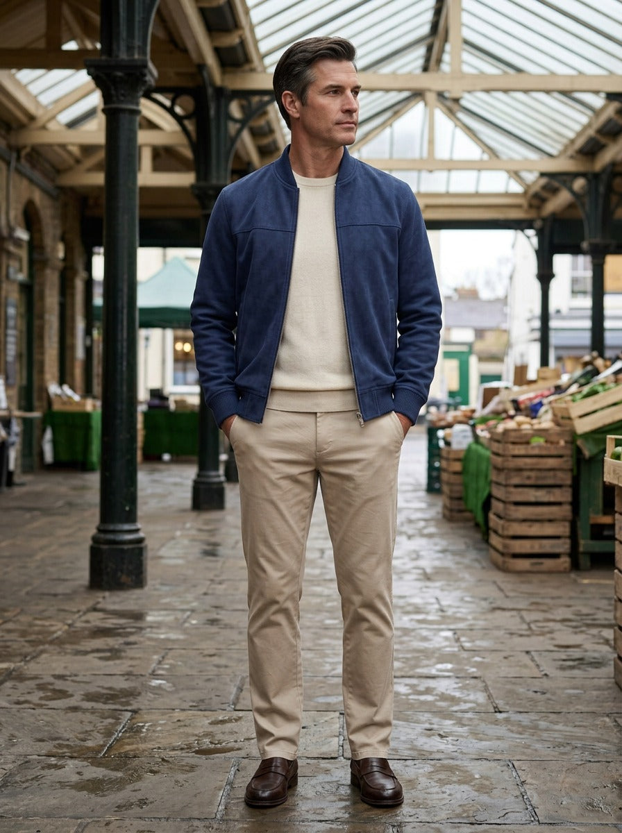 Corwin suede look bomber jacket in Navy, lifestyle in a covered market hall, Gentlemens Manor
