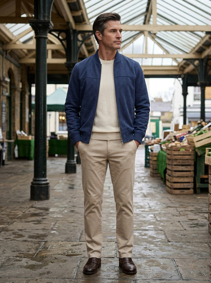 Corwin suede look bomber jacket in Navy, lifestyle in a covered market hall, Gentlemens Manor