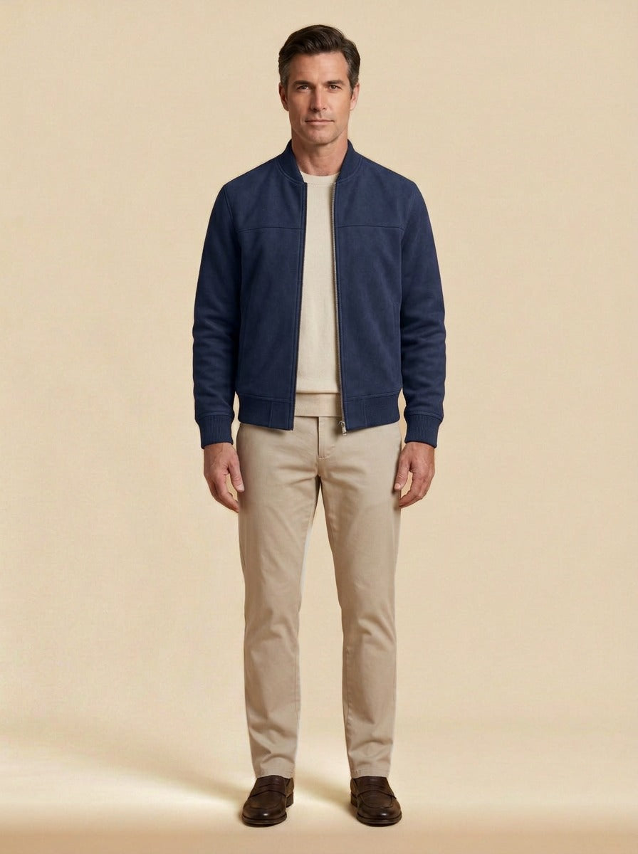 Corwin suede look bomber jacket in Navy, studio, Gentlemens Manor
