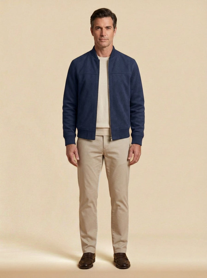 Corwin suede look bomber jacket in Navy, studio, Gentlemens Manor