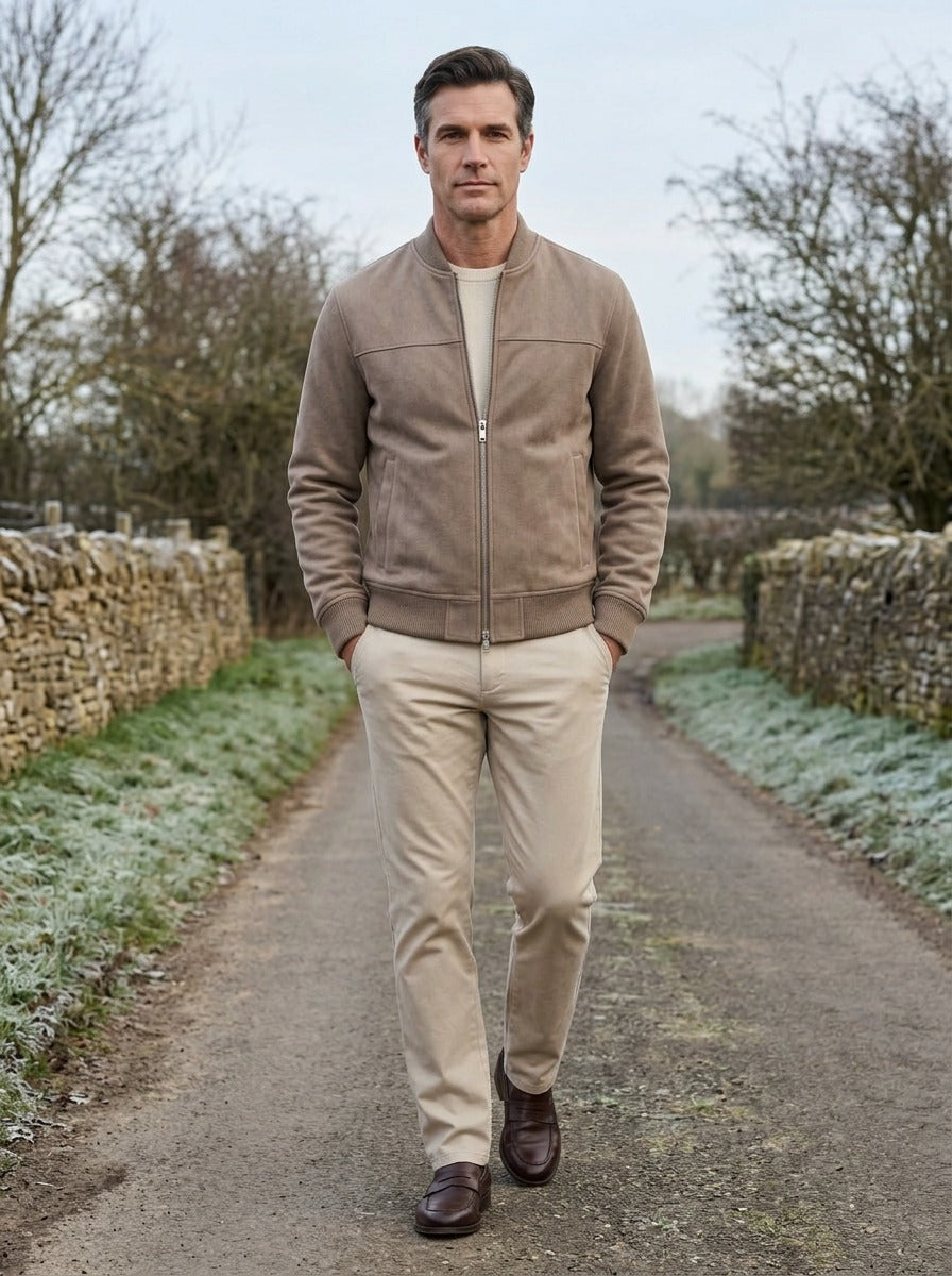 Corwin suede look bomber jacket in Taupe, lifestyle on a country lane, Gentlemens Manor
