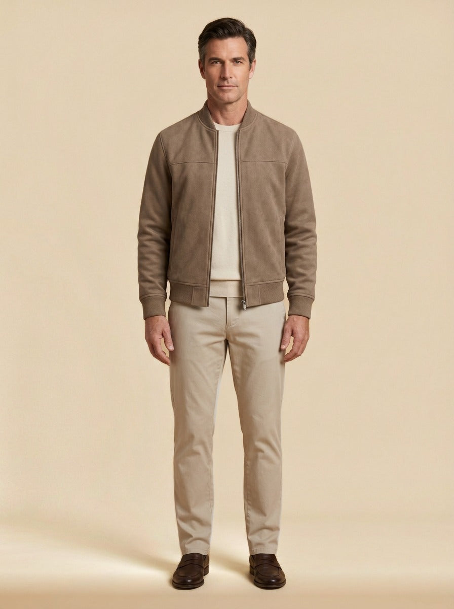 Corwin suede look bomber jacket in Taupe, studio, Gentlemens Manor