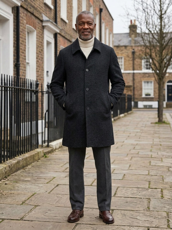 Crandall herringbone overcoat in Black, lifestyle on a street of brick row houses, Gentlemens Manor