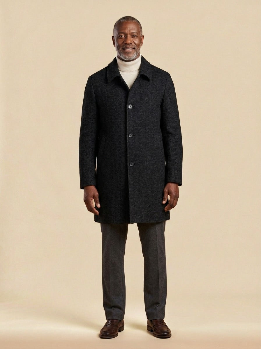 Crandall herringbone overcoat in Black, studio, Gentlemens Manor