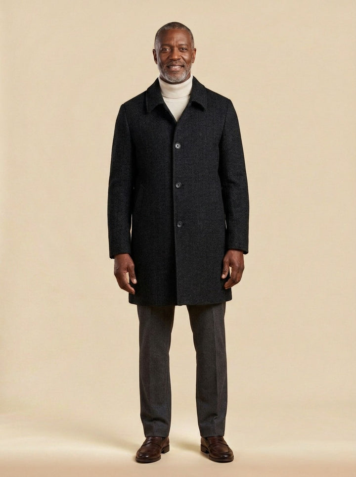 Crandall herringbone overcoat in Black, studio, Gentlemens Manor