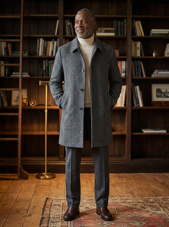 Crandall herringbone overcoat in Grey, lifestyle in a private study, Gentlemens Manor