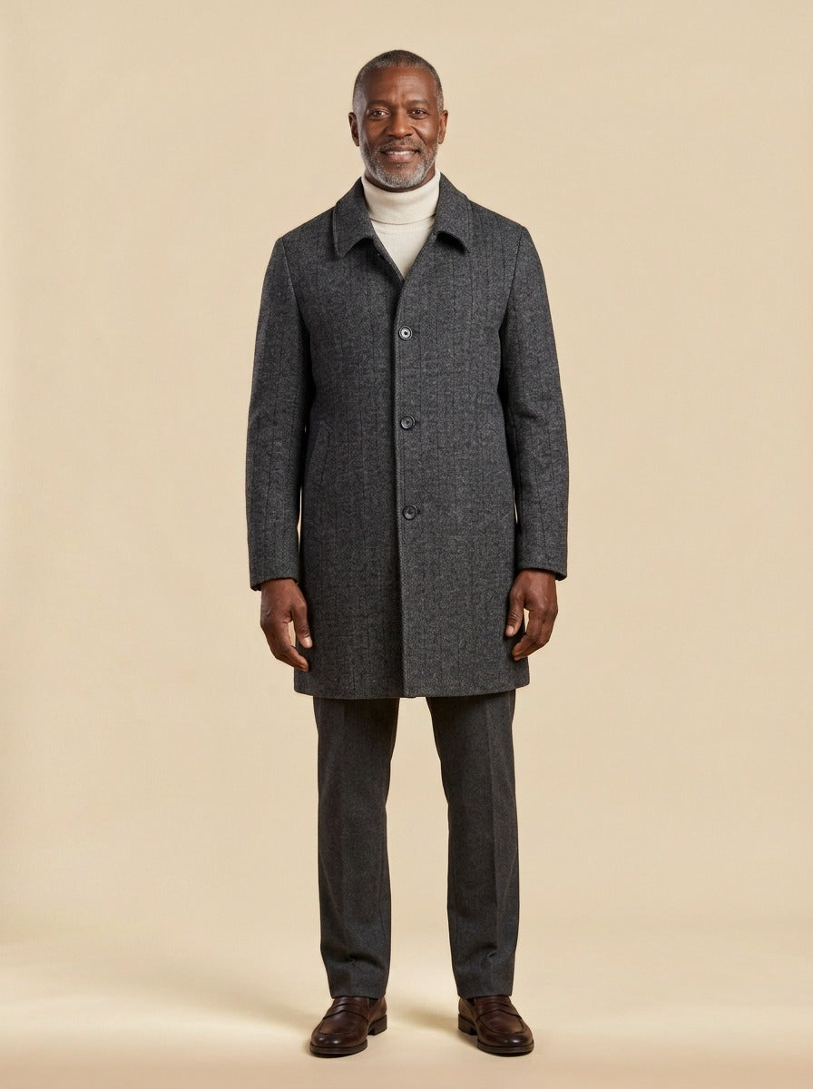 Crandall herringbone overcoat in Grey, studio, Gentlemens Manor
